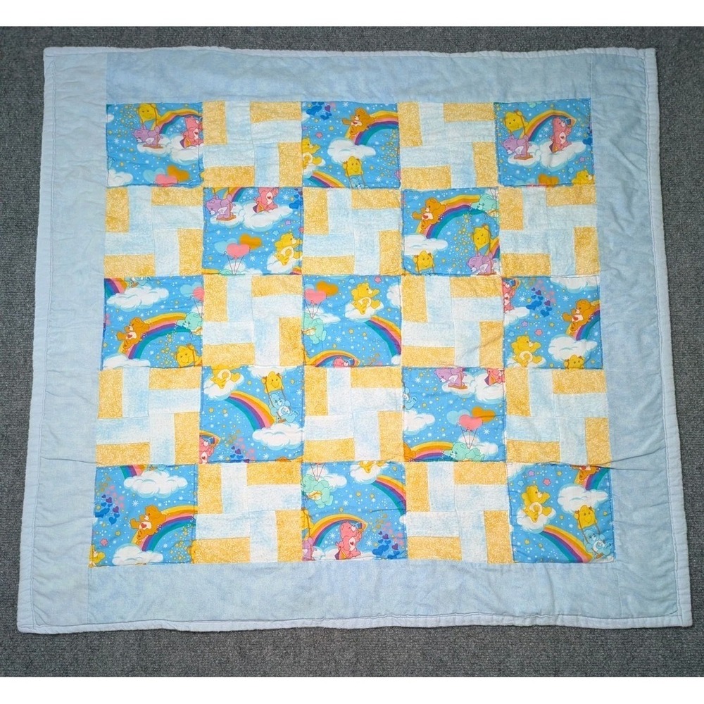 Homemade Care Bear Baby Square Quilt Blanket 35"x33" Blue Backing READ
